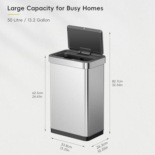 EKO EcoNova 13.2 Gallon/ 50L Automatic Sensor Kitchen Trash Can, Stainless Steel Touchless Garbage Bin with Soft-Close &Stay-Open Lid, Fingerprint-Resistant - size: Nova 50L- Stainless Steel