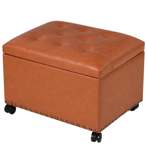 Leather Storage Ottoman,24’’Foot Rest Ottomans with Wheels and Hinged Lid Rectangle Upholstered Foot Stools Nailhead Trim for Living Room Bedroom,Orange Brown - color: Orange Brown With Wheels