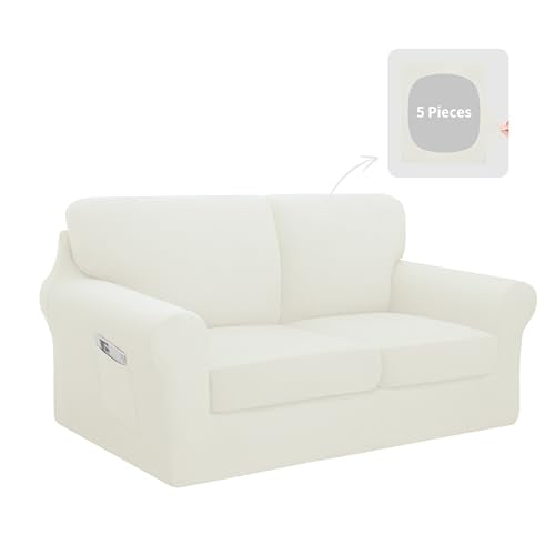 Easy-Going 5 Pieces Stretch Loveseat Cover Washable Loveseat Slipcover Set for 2 Backrest and Seat Cushion Couch Anti-Slip Sofa Couch Cover Furniture Protector with Elastic Bottom (Medium, Ivory) - color: Ivory, size: Medium