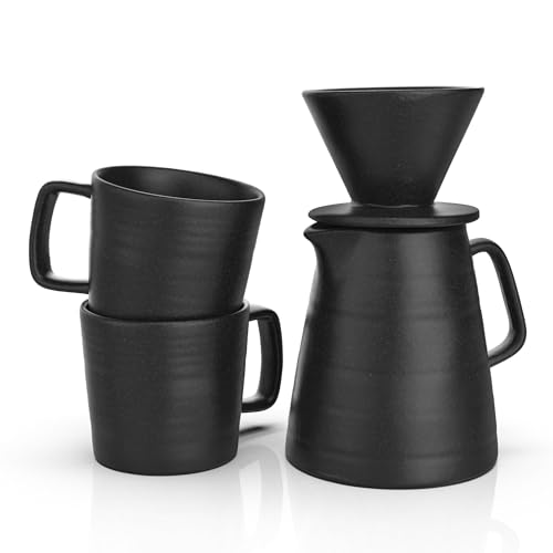 Francois et Mimi Pour Over Drip Coffee Maker Gift Set with Two Coffee Mugs, Non-Electric Pour Over Coffee Dripper, Easy Manual Brew Maker, Dishwasher and Microwave Safe, Filters not included (Black)