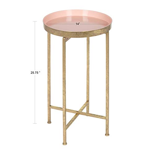 Kate and Laurel Celia Round Metal Foldable Tray Accent Table, Pink with Gold Base - color: Gold/Pink