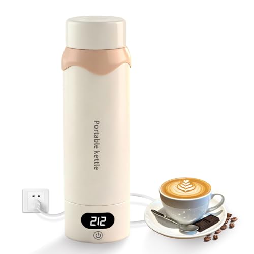 Insulated Stainless Steel Electric Kettle Small, Smart Water Bottle with 4 temperature control, Leak-Proof, Mini Travel Essentials Portable Office Gifts for Tea Lovers, Cream