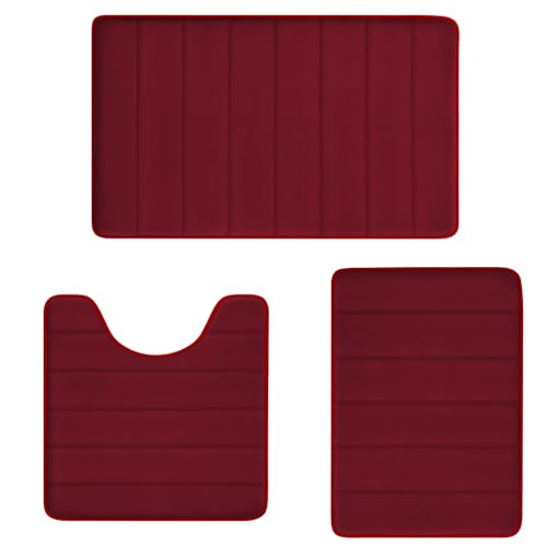 RUN HELIX Burgundy Bathroom Rugs Sets 3 Piece Memory Foam Non Slip Bath Mats for Bathroom Floor and U-Shaped Contour Toilet Rug, Soft Washable Bathroom Mats and Rugs Sets for Toilet Shower Sink - color: Burgundy