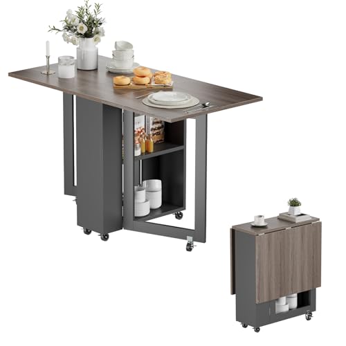 LotFun Folding Dining Table with 2 Storage Racks, Space Saving Dining Table with 6 Wheels, Kitchen Table for Small Spaces - color: Grayish Black + Gray Wood Grain