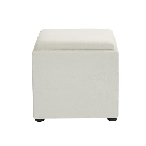 Adeco 17 inch Faux Leather Storage Ottoman with Reversible Tray Lid, Modern Square Cube Footrest Stool & Coffee Table for Living Room, Bedroom, and Dorm, White - color: White With Tray
