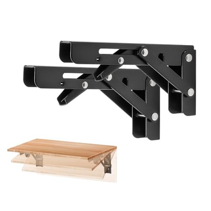 Ravinte 2 Pack 6 Inch Folding Shelf Brackets – Matte Black, Heavy Duty Collapsible Brackets for Tables and Benches – Space-Saving Design - size: 6 Inch