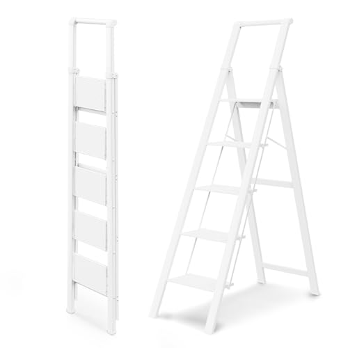 WOA WOA 5 Step Ladder, Ladders for Home, Anti-Slip Pedals, Step Stool Foldable, Lightweight to Move, Ease of Storage, Reach 10ft for Closet Kitchen Library, Hold 300lbs - White - color: White, size: 5 Step