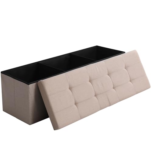 45.3 Inches Storage Ottoman Bench Foldable Seat Footrest Shoe Bench End of Bed Storage with Flipping Lid, 166L Storage Space, Linen Fabric Sandy Beige - color: Sandy Beige, size: 45.3" Flip