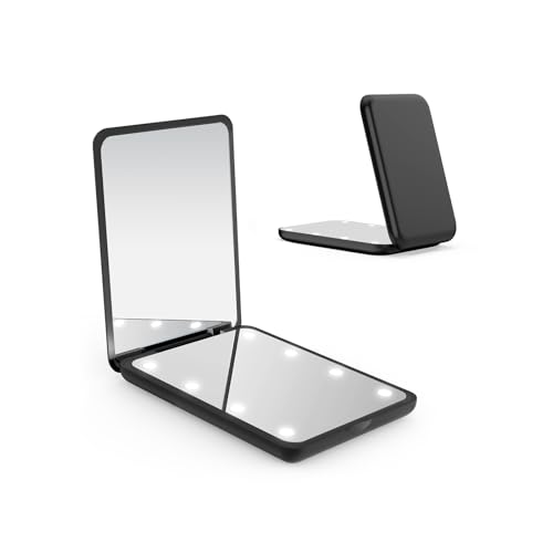 WOBSION Small Mirror with Lights,LED Compact Makeup Mirror,1x/3x Mini Travel Mirror with Magnification,Portable for Purse,Pocket,Gifts for Girls,Black - color: Black