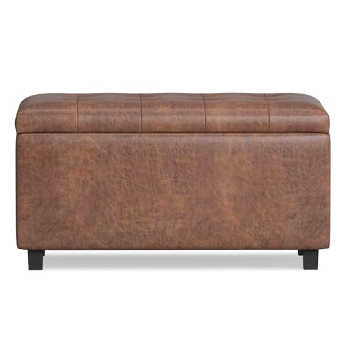 SIMPLIHOME Cosmopolitan Storage Ottoman - 34 inch Wide Upholstered Vegan Leather Rectangle Storage Ottoman Bench in Distressed Saddle Brown, Transitional Tufted Ottoman for Entryway with Lift-Up Lid - color: Distressed Saddle Brown
