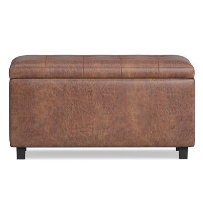 SIMPLIHOME Cosmopolitan Storage Ottoman - 34 inch Wide Upholstered Vegan Leather Rectangle Storage Ottoman Bench in Distressed Saddle Brown, Transitional Tufted Ottoman for Entryway with Lift-Up Lid - color: Distressed Saddle Brown