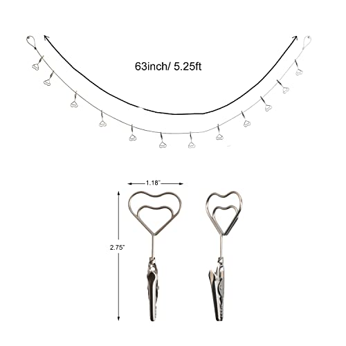 Multi-Purpose Steel Wall Hanging Photo Display Cable Wire Rod with 12 Adjustable Clips for Hanging Photos Notes Postcard and Artworks (Heart) - size: Heart