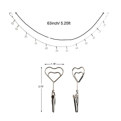 Multi-Purpose Steel Wall Hanging Photo Display Cable Wire Rod with 12 Adjustable Clips for Hanging Photos Notes Postcard and Artworks (Heart) - size: Heart