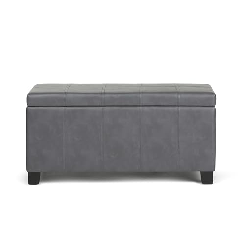 SIMPLIHOME Dover Storage Ottoman Bench - 36 inch Wide Upholstered Vegan Leather Rectangular Lift-Top Ottoman in Stone Grey, Contemporary Bench for Living Room with Safety Hinges - color: Stone Grey