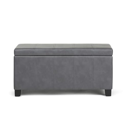 SIMPLIHOME Dover Storage Ottoman Bench - 36 inch Wide Upholstered Vegan Leather Rectangular Lift-Top Ottoman in Stone Grey, Contemporary Bench for Living Room with Safety Hinges - color: Stone Grey