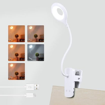 Akynite Desk Lamp LED Clip on Light, 5 Modes 5 Brightness Dimmable Clamp Lamp, Flexible Rechargeable Battery Clip on Reading Light for Bed Headboard Bunk Bed at Night for Kids (White) - color: White