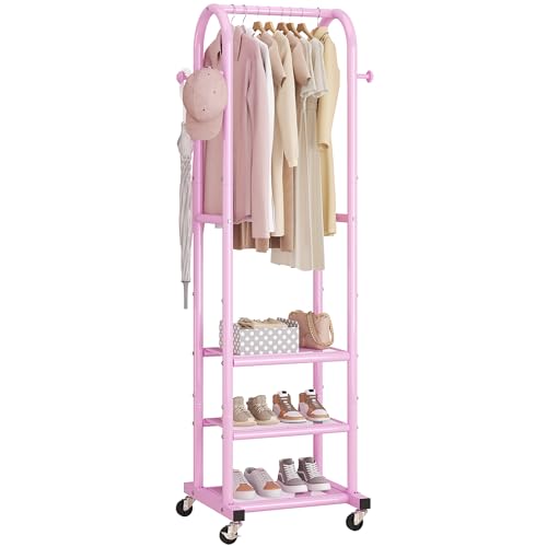 Dttwacoyh Metal Clothing Rack with Wheels and Hanging Hooks,Narrow Coat and Shoe Rack,Small Hall Tree,for Small Space, Bedroom, entryway, Walk-in Closet, Laundry Room– Pink - color: Pink