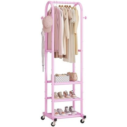 Dttwacoyh Metal Clothing Rack with Wheels and Hanging Hooks,Narrow Coat and Shoe Rack,Small Hall Tree,for Small Space, Bedroom, entryway, Walk-in Closet, Laundry Room– Pink - color: Pink