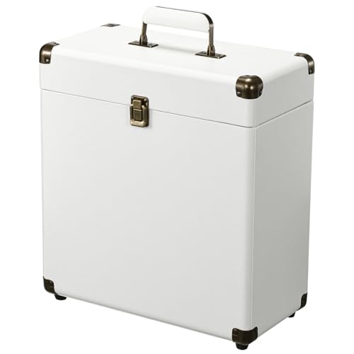 Costravio Vinyl Record Storage Record Holder Display Box Album Storage Moving Boxes Holds 30+ Valuable Records 7/10/12 Inch Record Crates Vinyl Organizer for Journey White - color: White
