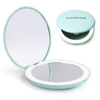 WOBSION LED Lighted Travel Makeup Mirror, 1x/10x Magnification, Compact, Portable for Handbag, Purse, Pocket, 3.5 inch Illuminated, Folding, Handheld, 2-Sided, Round, Cyan - color: 3.5inch Battery Cyan