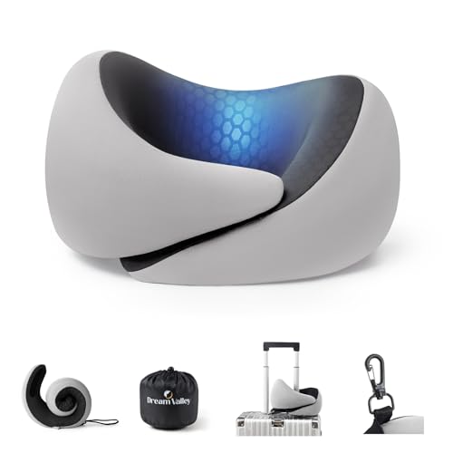 Dream Valley® Neck Travel Pillow, Memory Foam Travel Pillow for Airplane, Portable Roll-Up Neck Pillow with Cooling Inner Fabric, 360° Ergonomic Support, No Head Bobbing, Light Gray - color: Light Grey