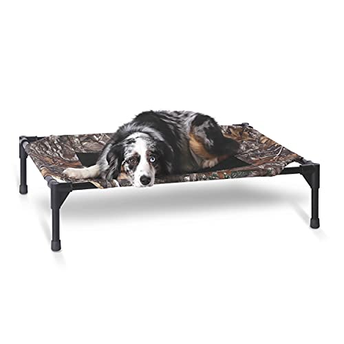 K&H Outdoor Elevated Dog Bed - Cooling Raised Dog Bed for Small & Medium Pets, Breathable Mesh Center Hammock Design, Indoor/Outdoor Washable Cover, Portable Metal Frame, Camo, Medium 32x25in - color: Camo/Black Mesh, size: Medium 32"L x 25"W