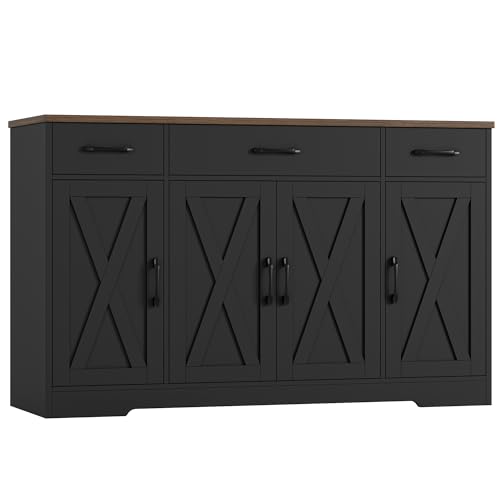 HOSTACK Buffet Sideboard Cabinet with Drawers, 55" Large Buffet Storage Cabinet with Shelves and Doors, Modern Farmhouse Coffee Bar Station for Kitchen, Dining Room, Black/Rustic Brown - color: Black/Rustic Brown