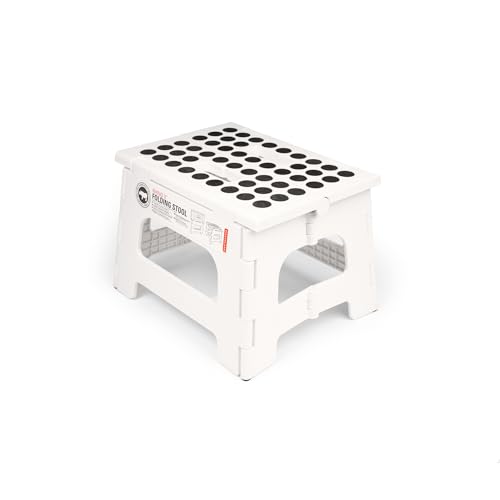 Kikkerland Rhino Foldable Step Stool – Holds Adults up to 300 Lbs, Best for Kitchen & Bathroom – Collapsible, Portable, Lightweight Stepping Stool with Sturdy, Non-Slip Design – White, 8” - color: White, size: 8 Inch