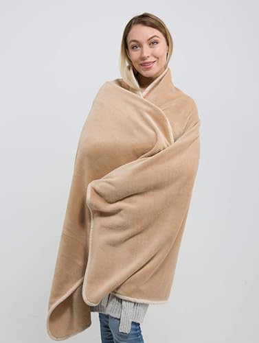 BlueHills Travel Blanket Pillow Rolled Premium Soft Plush Airplane Throw Traveler Essentials Gift Compact in a Bag 70X48 inches Long Car Plane Flight Portable Beige R06 - color: R06-beige