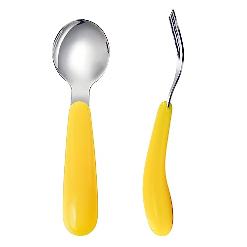 VANRA 2 Pieces Toddler Fork and Spoon Set with Travel Case 18/8 Stainless Steel Toddler Utensils Kids Silverware Children Flatware Child Cutlery Set for School Lunch Box (Yellow) - color: Yellow