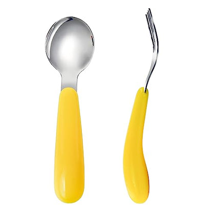 VANRA 2 Pieces Toddler Fork and Spoon Set with Travel Case 18/8 Stainless Steel Toddler Utensils Kids Silverware Children Flatware Child Cutlery Set for School Lunch Box (Yellow) - color: Yellow