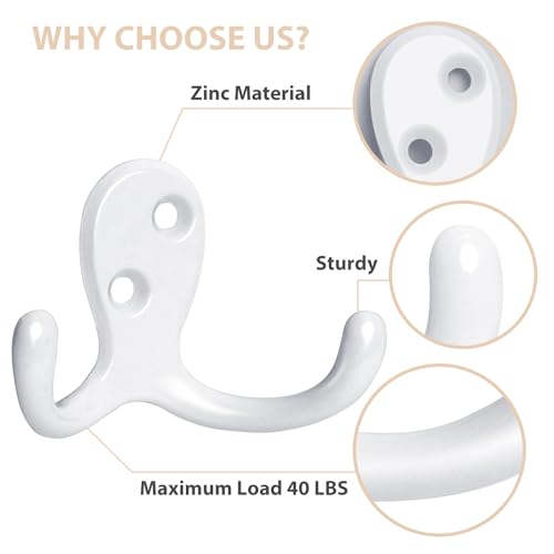 Homanu 54 Pack Coat Hooks, Heavy Duty Double Prong Coat Hooks Wall Mounted with 108 Screws, No Rust White Metal Wall Hooks for Hanging Towel, Coat, Bag, Hat, Cup, Key - color: 54 Pcs White