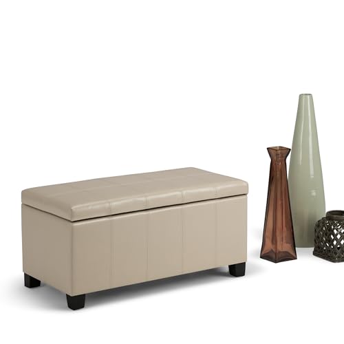 SIMPLIHOME Dover Storage Ottoman Bench - 36 inch Wide Upholstered Vegan Leather Rectangular Lift-Top Ottoman in Satin Cream, Contemporary Bench for Living Room with Safety Hinges - color: Satin Cream