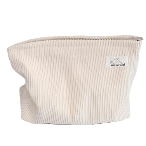 HAPPYHEIDI Large Corduroy Makeup Bag with Compartment Cosmetic Toiletry Travel Pouch Office Car Accessory Organizer, Soft Creamy White - color: LG Creamy White Corduroy Large Side Pocket