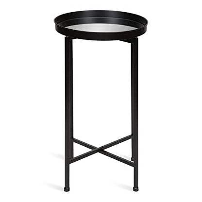 Kate and Laurel Celia Round Metal Foldable Accent Table with Mirror Tray Top, Black - color: Black/Mirror
