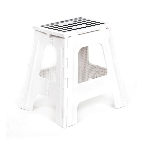 Kikkerland Rhino Foldable Step Stool – Holds Adults up to 300 Lbs, Best for Kitchen & Bathroom – Collapsible, Portable, Lightweight Stepping Stool with Sturdy, Non-Slip Design – White, 15” - color: White, size: 15 Inch