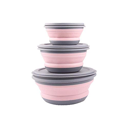 3 PCs Food Grade Silicone Collapsible Bowl Lunch Box - Expandable Food Storage Containers Set -Silicone Salad Bowl with Lid Portable (Pink) - color: Pink