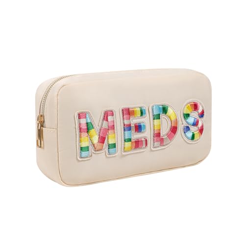 Chenille Letter Patch Nylon Medicine Packages,Cute MEDS Travel Makeup Bag with Metal Zipper, First Aid Purse Organizer Cosmetic Bag for Women and Girls(01Beige) - color: 01Beige