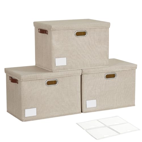 17" Large Collapsible Storage Bins with Lids, Stackable Closet Organizers with PU Handle and Labels, 3-Pack Decorative Fabric Storage Boxes for Home, Bedroom, Closet, Office, Nursery(Khaki) - color: khaki, size: Large-17"