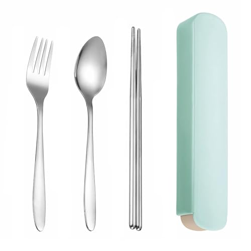Portable Cutlery Set with Case, 4-Piece Stainless Steel Utensils, Knife Fork Spoon Set with Mint Green Storage Box for Travel, Camping, Office (Fork, Spoon, Chopsticks) - color: Fork, Spoon, Chopsticks