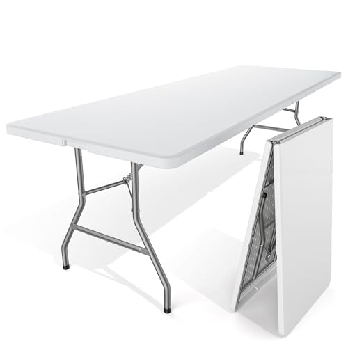 Sweetcrispy 8 FT Folding Picnic Table Easy to Fold and Store, Foldable Table for Camping Picnic Dining Party Kitchen Outdoor Indoor with Carrying Handle - color: White, size: 8 FT