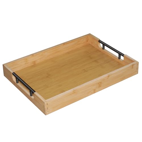Krismax Wooden Serving Tray with Handles, Serving Platter 15.7x11.4 Inch Food Drinks Tray for Coffee Table,Decorative Storage Tray for Entertaining, Breakfast Tray in Bed,Lunch,Dinner,BBQ(Bamboo) - color: Bamboo, size: 15.7" x 11.4" x 2"