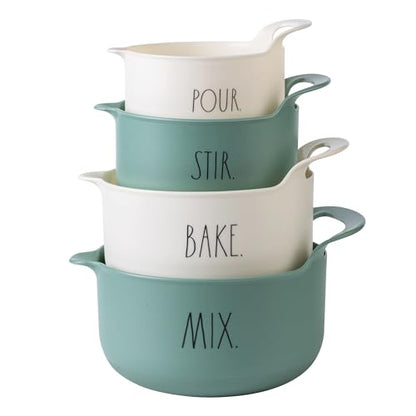 Rae Dunn Non-Slip Mixing Bowls - 4 Piece Nesting Plastic Mixing Bowl Set with Pour Spouts and Handles-Measurement Markings (Sage) - color: Sage