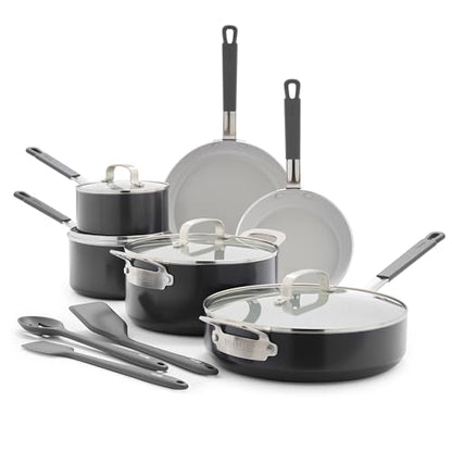 GreenPan x Bobby Flay 13 Piece Nonstick Cookware Pots and Pans Set, PFAS-Free Diamond Ceramic, Induction Suitable, Easy Clean Dishwasher & Oven Safe, Stay-Cool Silicone Handles, Glass Lids, Graphite - color: Graphite