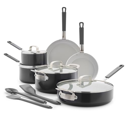 GreenPan x Bobby Flay 13 Piece Nonstick Cookware Pots and Pans Set, PFAS-Free Diamond Ceramic, Induction Suitable, Easy Clean Dishwasher & Oven Safe, Stay-Cool Silicone Handles, Glass Lids, Graphite - color: Graphite