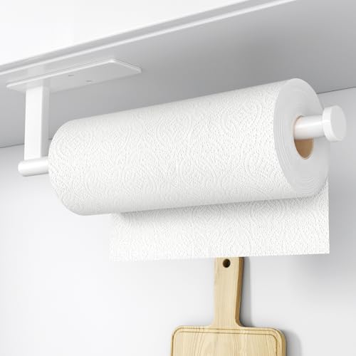 Paper Towel Holder Under Cabinet - Stainless Steel Paper Towel Holder Wall Mount, Self-Adhesive or Drilling, Matte White Towel Rack for Kitchen Organization and Storage, Kitchen Paper Roll Holder - color: White
