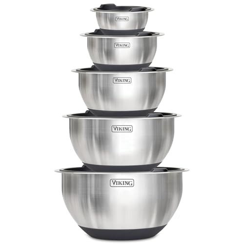 Viking Mixing Bowls Set, 10 Piece Stainless Steel Kitchen Cookware, Non-Slip Silicone Base, Includes Tight Fit Lids, Dishwasher Safe, Black - color: Black