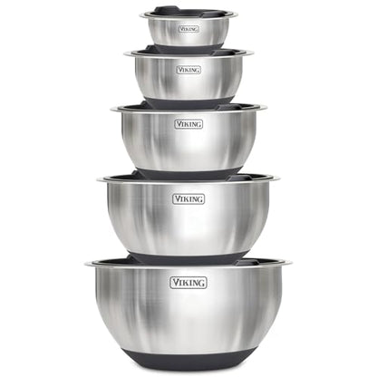 Viking Mixing Bowls Set, 10 Piece Stainless Steel Kitchen Cookware, Non-Slip Silicone Base, Includes Tight Fit Lids, Dishwasher Safe, Black - color: Black