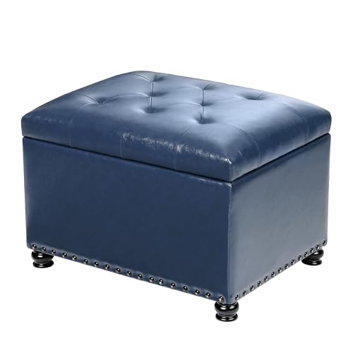 Joveco Faux Leather Storage Ottoman Bench Rectangle 24 Inch Foot Rest Ottomans - color: Blue Faux Leather