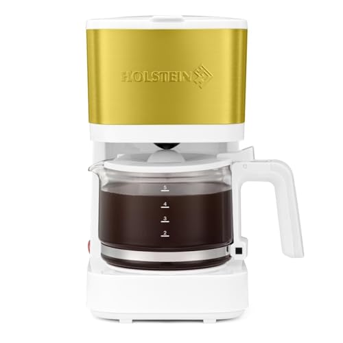 Holstein Housewares 5 Cup Coffee Maker – Compact Drip Coffee Machine with Auto Pause & Serve, Reusable Filter, Glass Carafe, Water Window & Warming Plate. White & Gold - color: White & Gold, size: 5 Cup